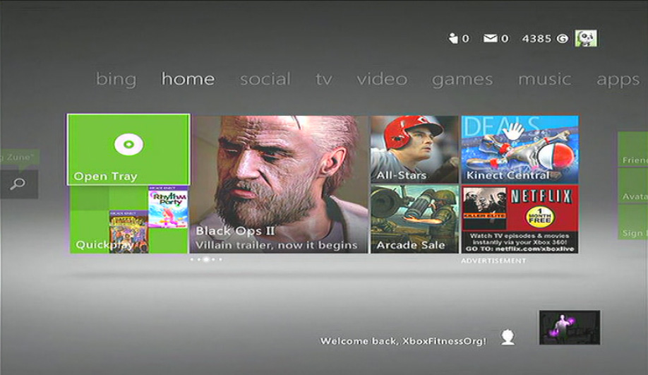 xbox live home screen to download kinect playfit